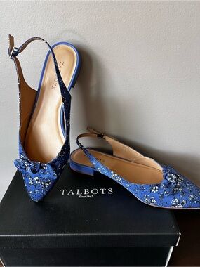 Talbots Blue Floral Slingback Pointed-Toe Flats with Bow